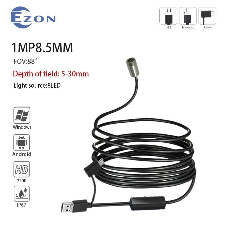 

1 МП 8,5 мм FOV 88 ° Эндоскопическая камера для проверки трубопровода 1,5 м USB Type-C Android 3-в-1 Промышленная эндоскопическая камера