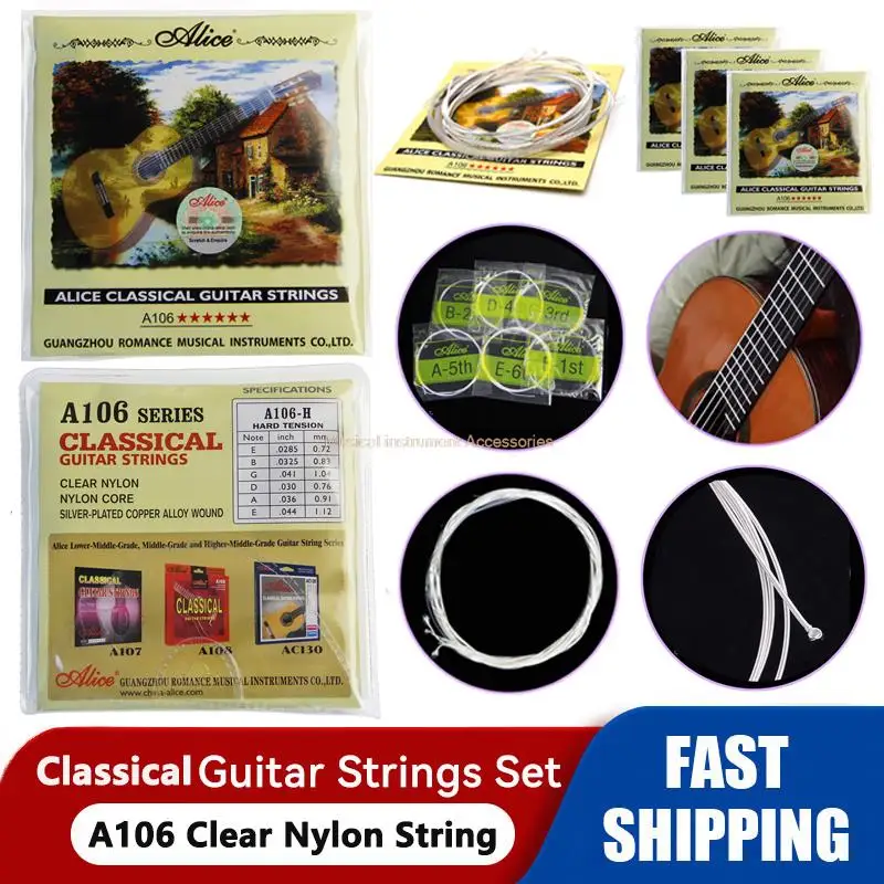 50 Sets/Piece Alice A106 Classic Clear Nylon Guitar Strings Hard Tension Nylon Core Silver Plated Copper Winding Free Shipping