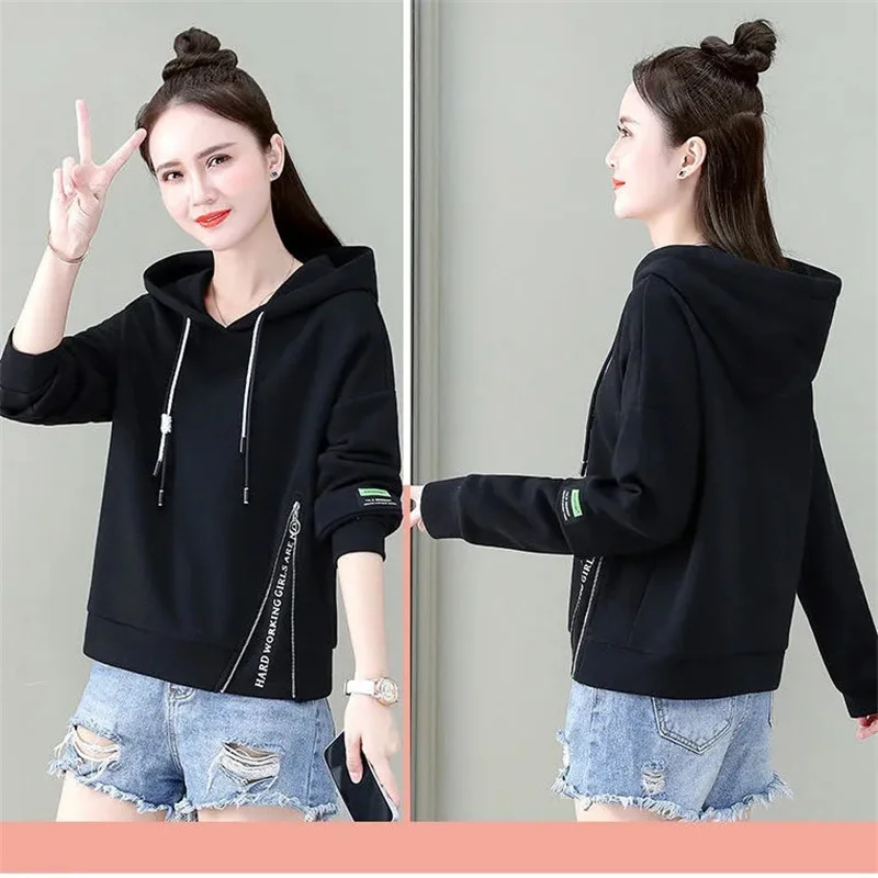 Kurze Kapuze Sweatshirt Frauen Bluse Alterung Frühling Herbst die neue Jacke lose koreanische Mantel große Größe lässige Tops weiblich