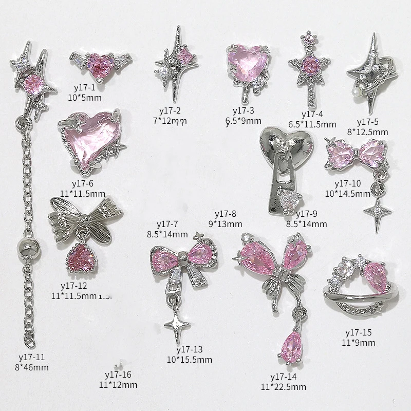 3PCS Luxury Shiny Pink Zircon Angel Love Starlights Ribbon Pendant Silver Alloy Nail Art Rhinestones Decorations Manicure Charms