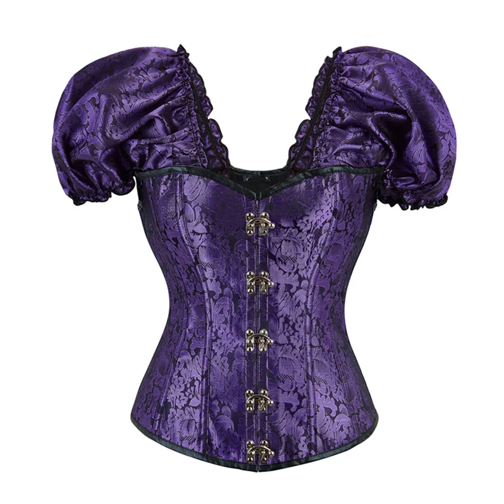 

Steampunk Black Short Sleeved Retro Print Corset Top Body Shaper Lingerie Overbust Bustiers Women Lace-up Corselet Plus Size