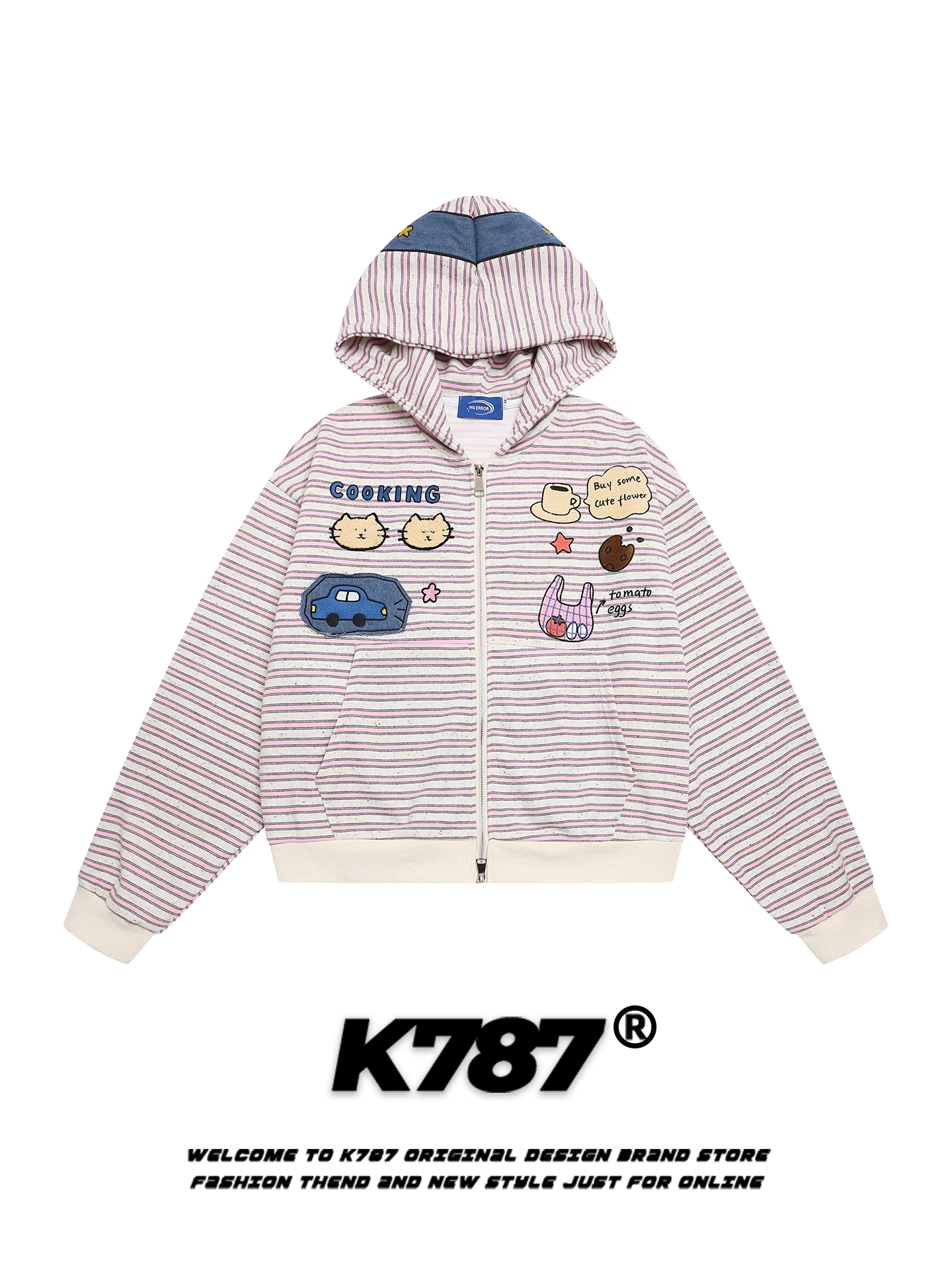 

K787 American Retro Striped Children's Interest Embroidered Hoodie Women's Color Blo Casual College Sle Zipper Hat irt ...