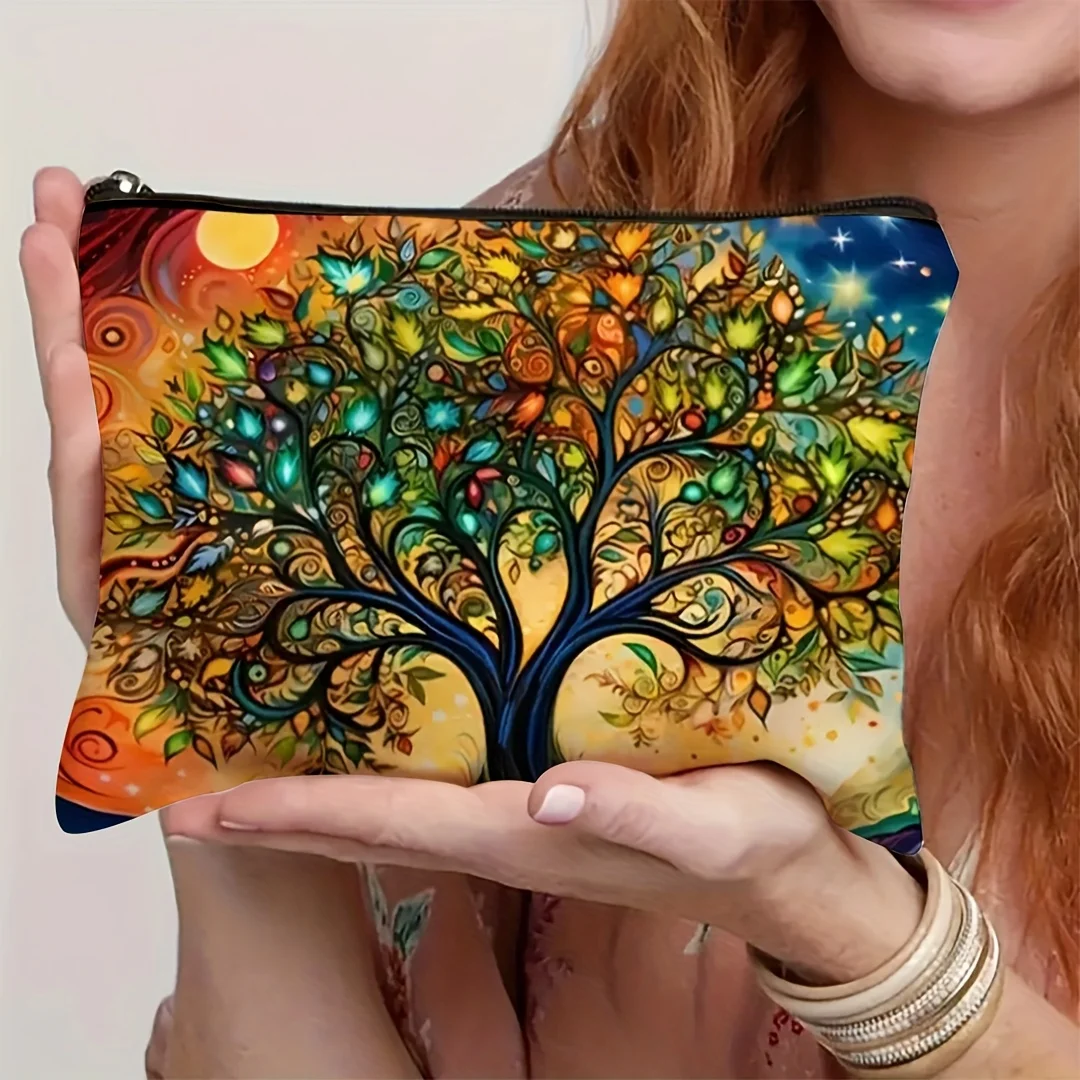 A tree of life pattern cosmetic bag-cute multifunctional zipper handbag, jewelry storage bag.