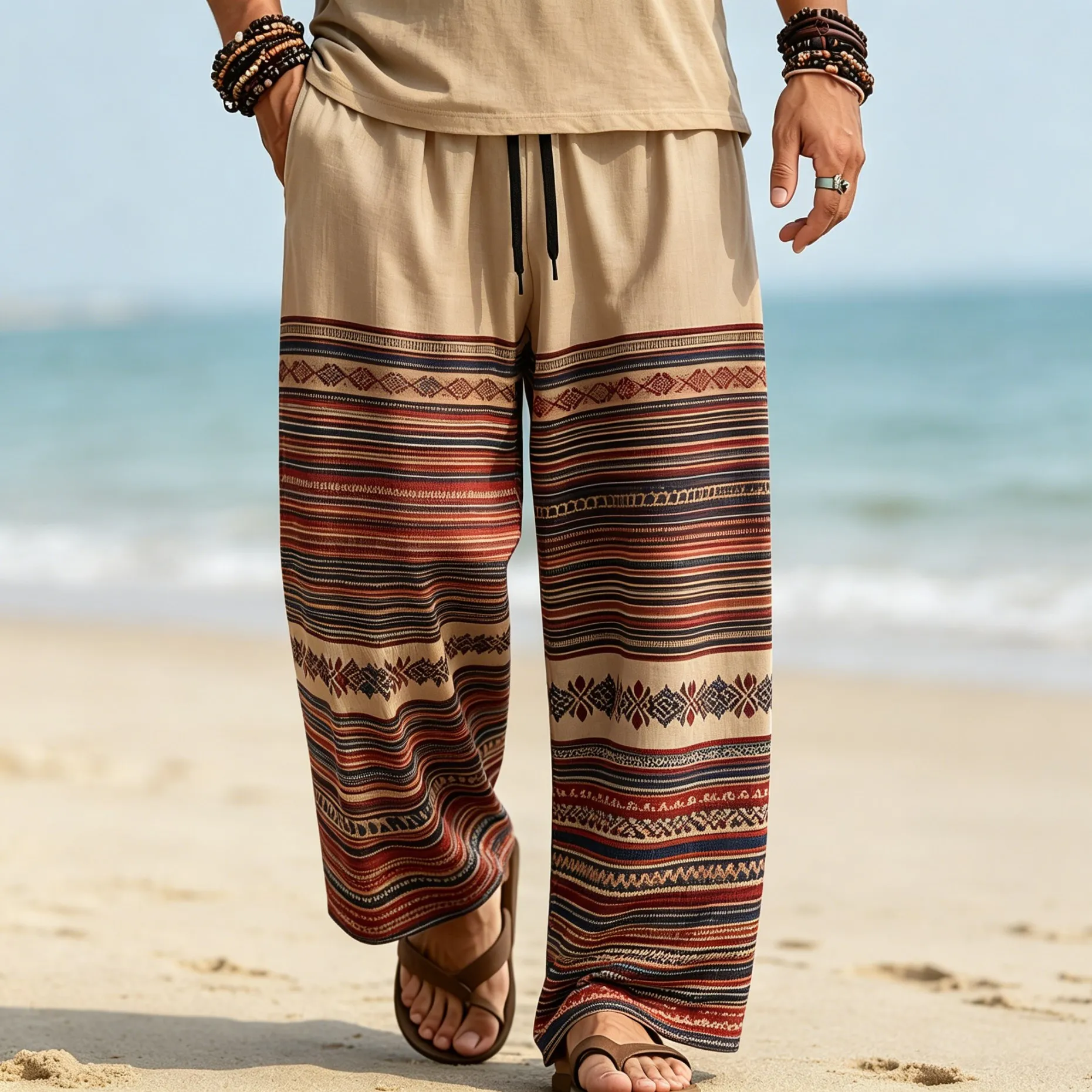 Men's Boho Tribal Geometric Hem Print Drawstring Wide Leg Pants, Casual Loose Trousers For Spring Summer Beach Daily Wear