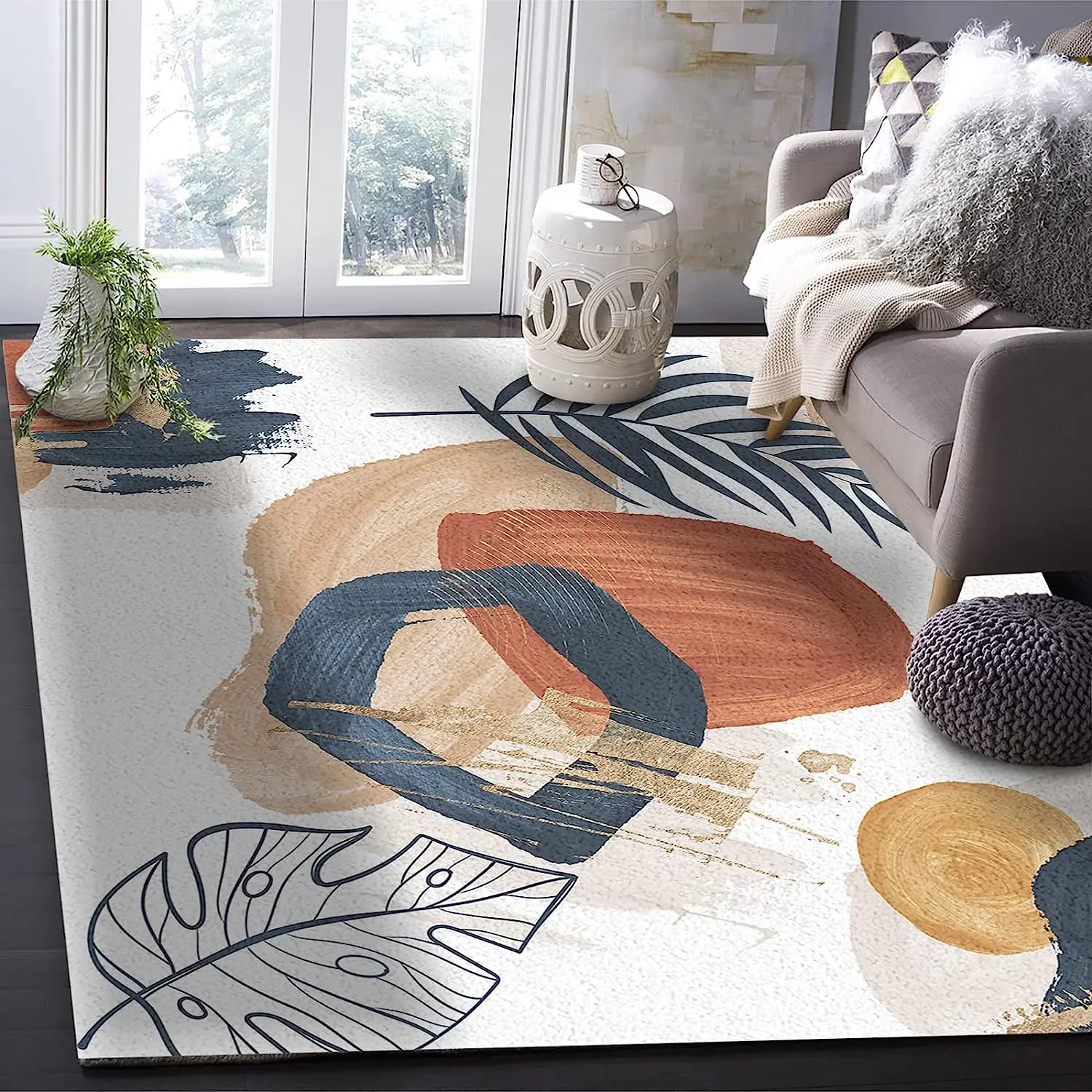 Boho Bedroom Living Room Decor Large Size Rug Mid-Century Abstract Geometric Art Style Soft Non-Slip Rug Kids Room Floor Mat