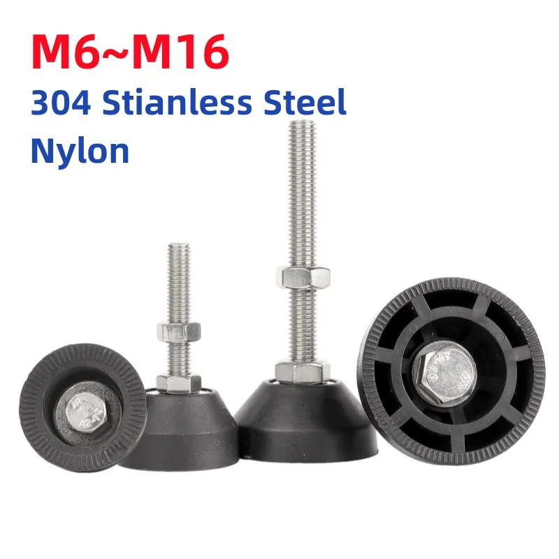M6~M16 304 Stianless Steel Nylon Adjustable Lathe Leg Thread Type Adjustable Levelling Feet Swivel Base Articulating Legs