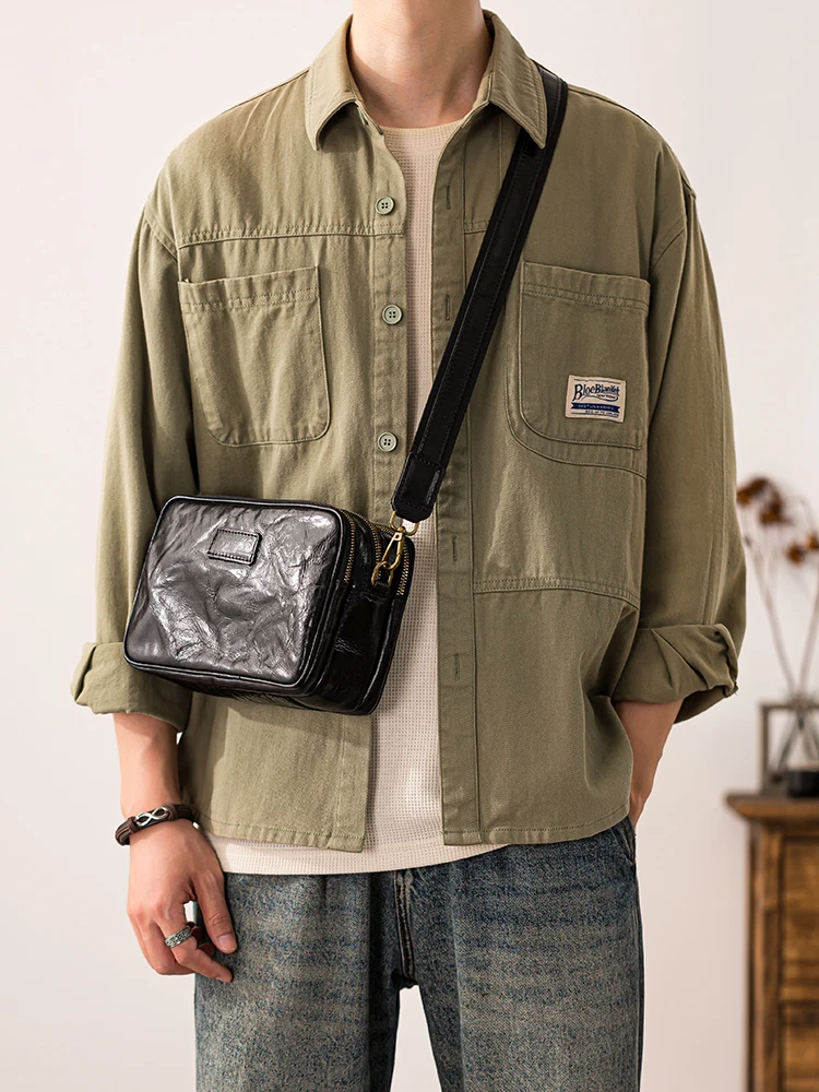 outdoor daily work designer luxury genuine leather men's black shoulder bag Fashion trend handmade real cowhide crossbody bag