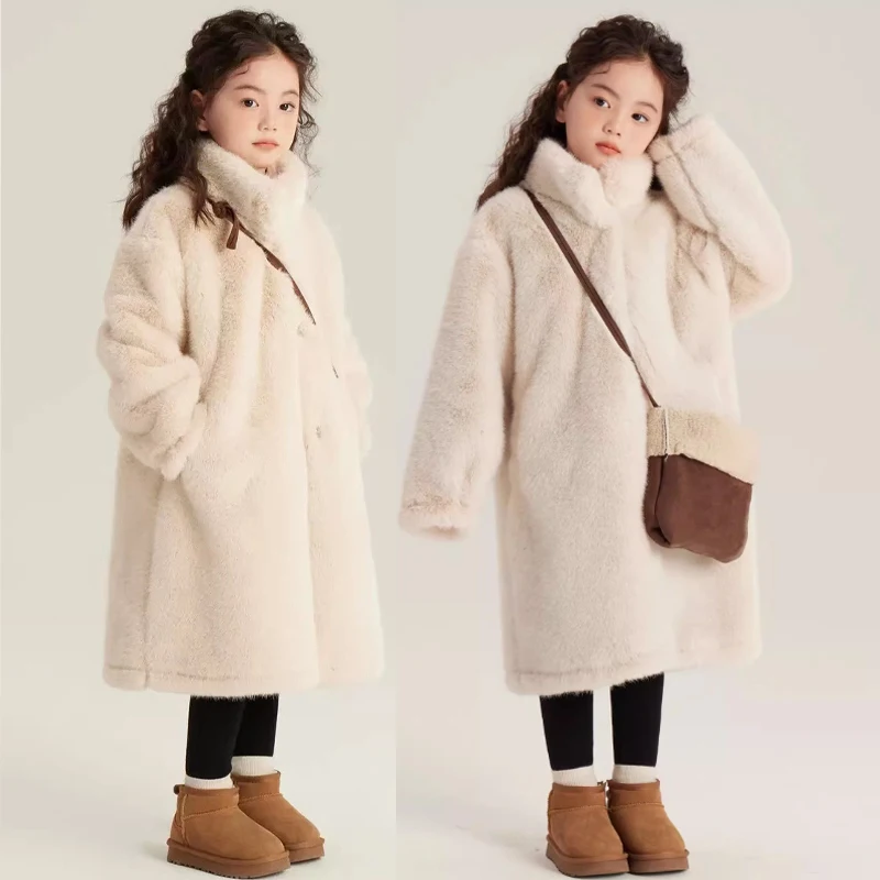 -30 ℃   Winter Neue Gefälschte Pelz Jacke Lange Stil Einfarbig Dicke Warme Windjacke Mäntel Für 5-12 Jahre Teen Mädchen mode Schneeanzug