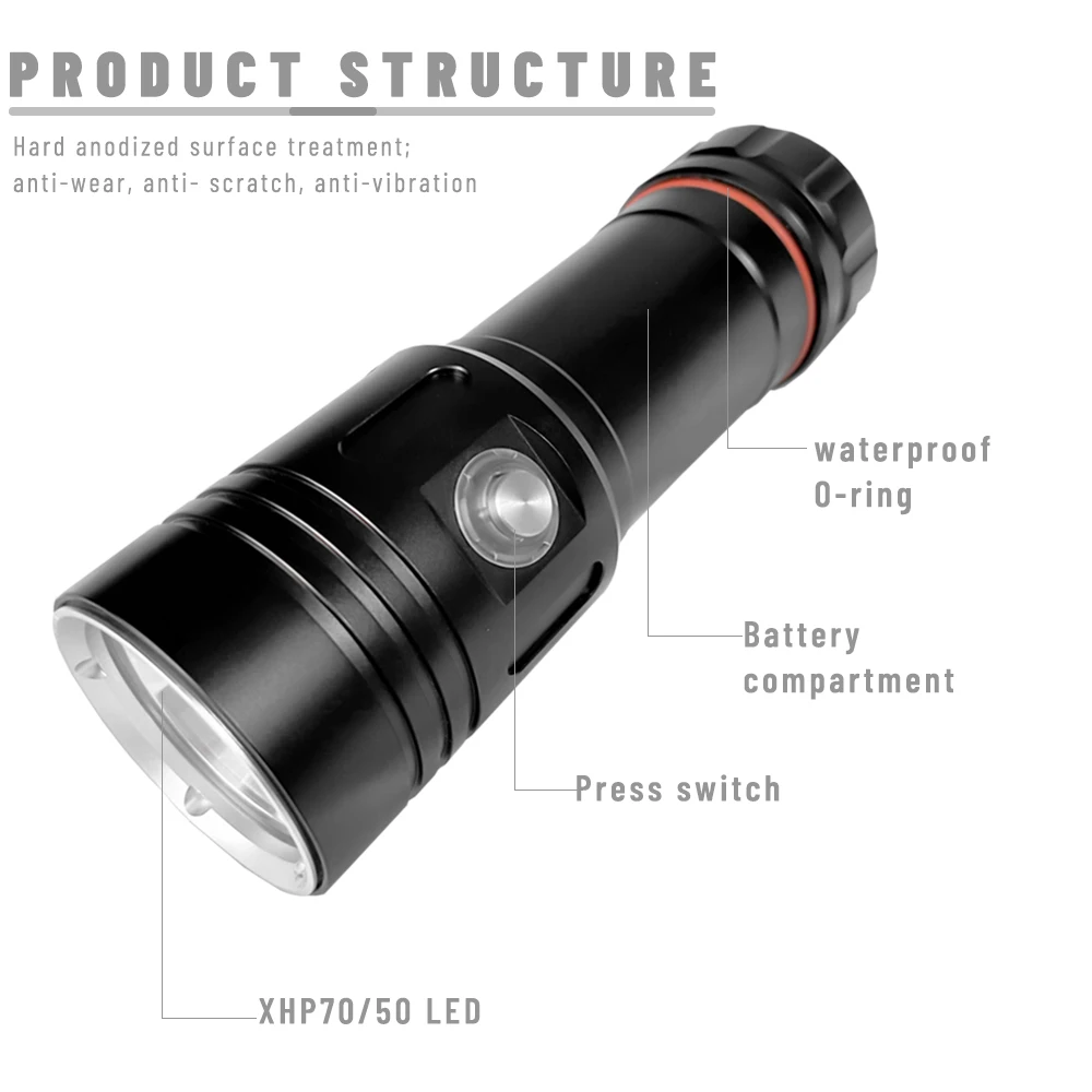 Asafee 80M Underwater Diving Flashlight P50/P70 LED 2000LM 150M Range Lantern IPX8 Waterproof Scuba Torch SOS Lamp Outdoor