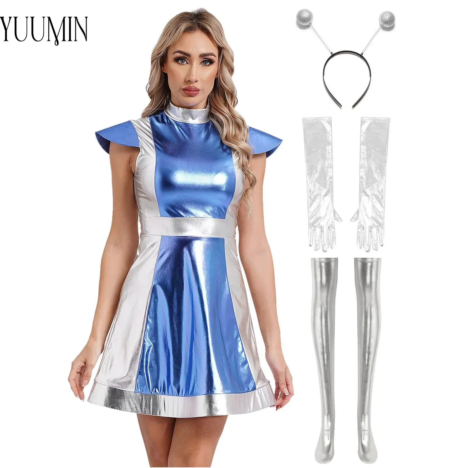 

Women Space Fighter Alien Dress-up for Halloween Cosplay Party Dance Metallic Shiny Costume with Hair Hoop Gloves and Stockings