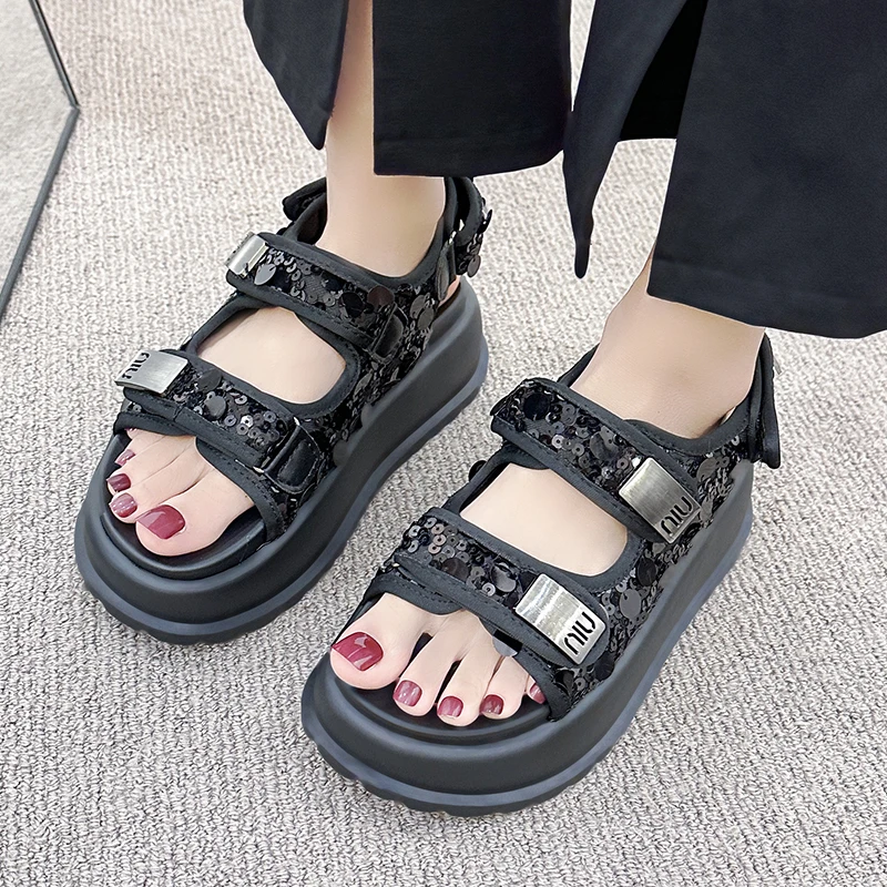 2024 New Platform Sandals Women Lattice Round Toe Plaid Cloth Summer Casual  Outdoor Shoes  Platform Sandals  Shoes for Women