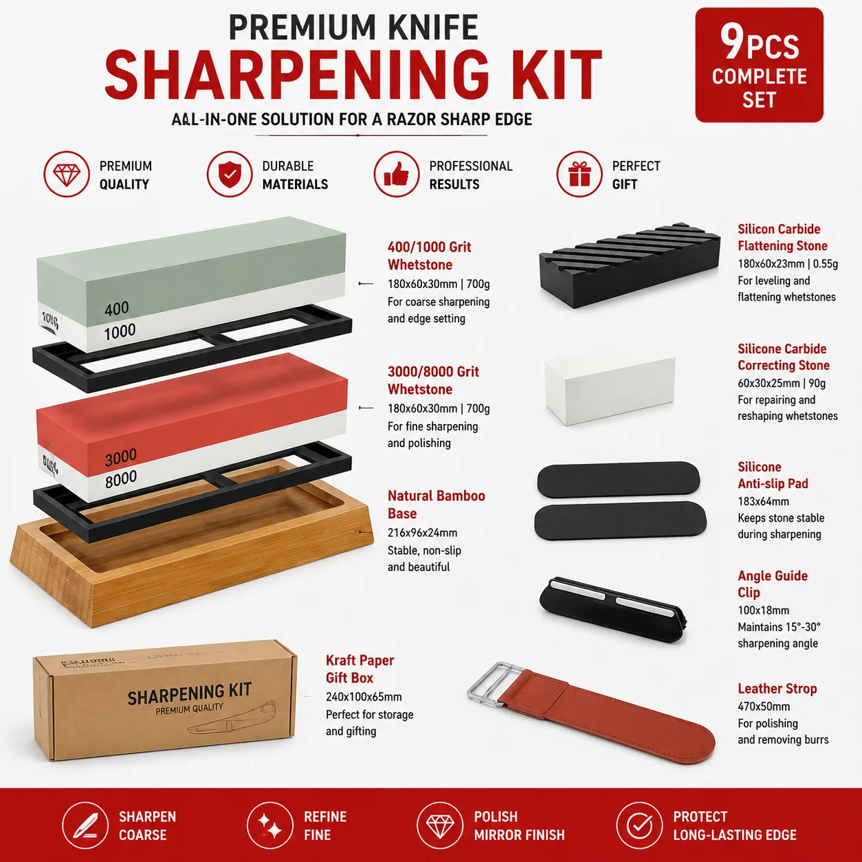 Complete Knife Sharpening Stone Set Dual Grit Whetstone 400 1000 3000 8000 Professional Knife Sharpener Kit with Leather Strop Flattening Stone Bamboo Base Angle Guide for Kitchen Chef Pocket Outdoor Knives