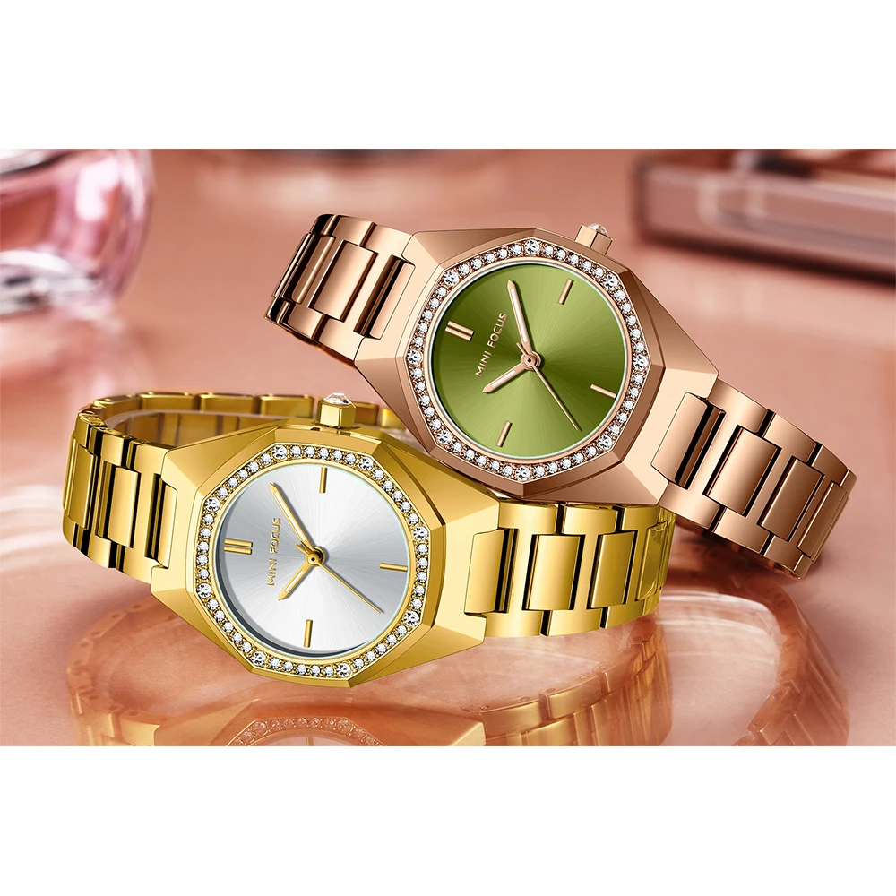 MINI FOCUS Simple Analog Quartz Watch Women Rose Gold Stainless Steel Strap Dress Wristwatch with Octagon Case Green Dial 0433