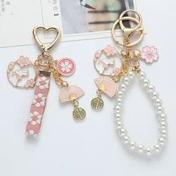 Sweet Pink Cherry Blossom Fan Rabbit Ribbon Pearl Keychain Women Creative Heart Key Chain Bag Pendant Jewelry Girls Gift