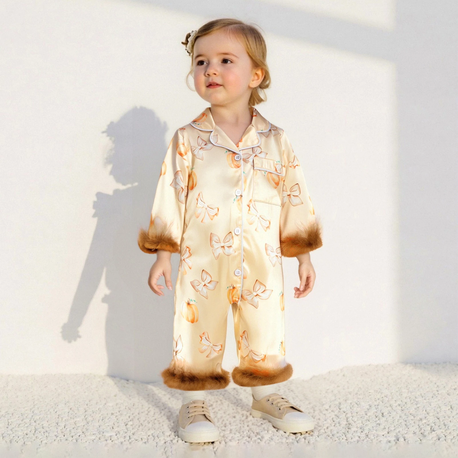 

Baby Girls Halloween Pajamas Feather Cuffs Pumpkin/Bow Print Button up Long Sleeves Jumpsuit for Loungewear Sleepwear