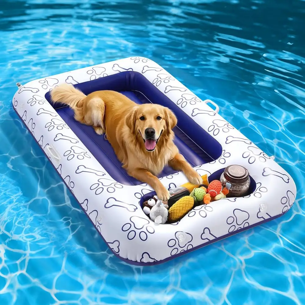 Flotador de piscina para perros, flotadores de piscina para perros pequeños, medianos y grandes, cama flotante con área de almacenamiento incorporada para juguetes y alimentos para mascotas