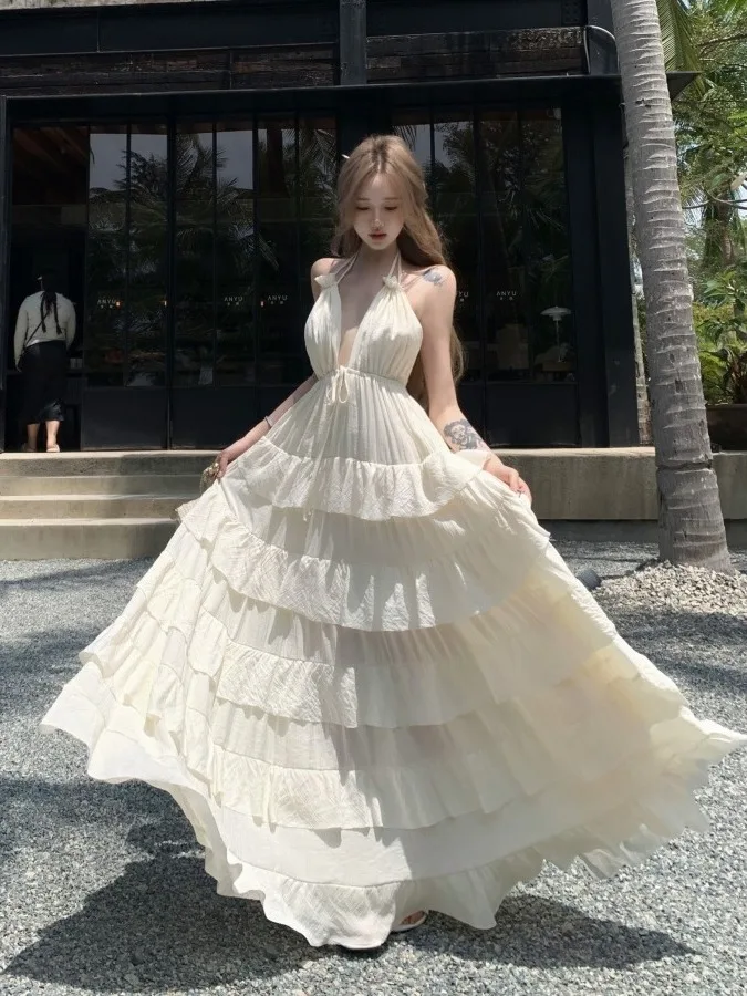 Vestido Longo de Gaze Pesada Sem Costas, Estilo Verão, Decote V Profundo, Com Cinto, Saia Ampla com Drapeado e Efeito Camada