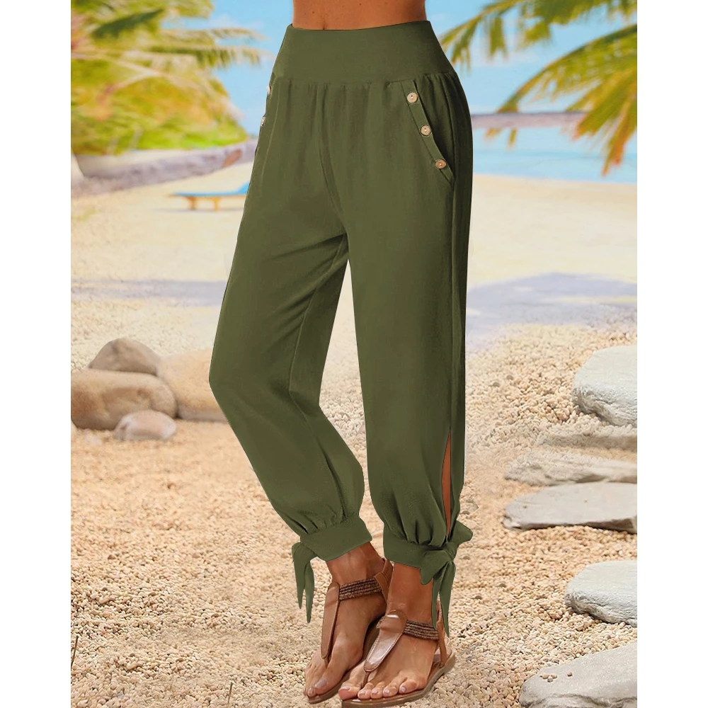 

Vintage Women High Waist Tied Detail Buttoned Pants Spring Fashion Lady Casual Solid Color Pants Autumn Femme Long Trousers