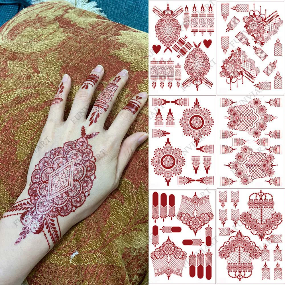 10 Pcs/Set Maroon Color Henna Tattoo Stickers for Hand Brown Red Henna Tattoos for Women Waterproof Temporary Mehndi Tattoo Fake