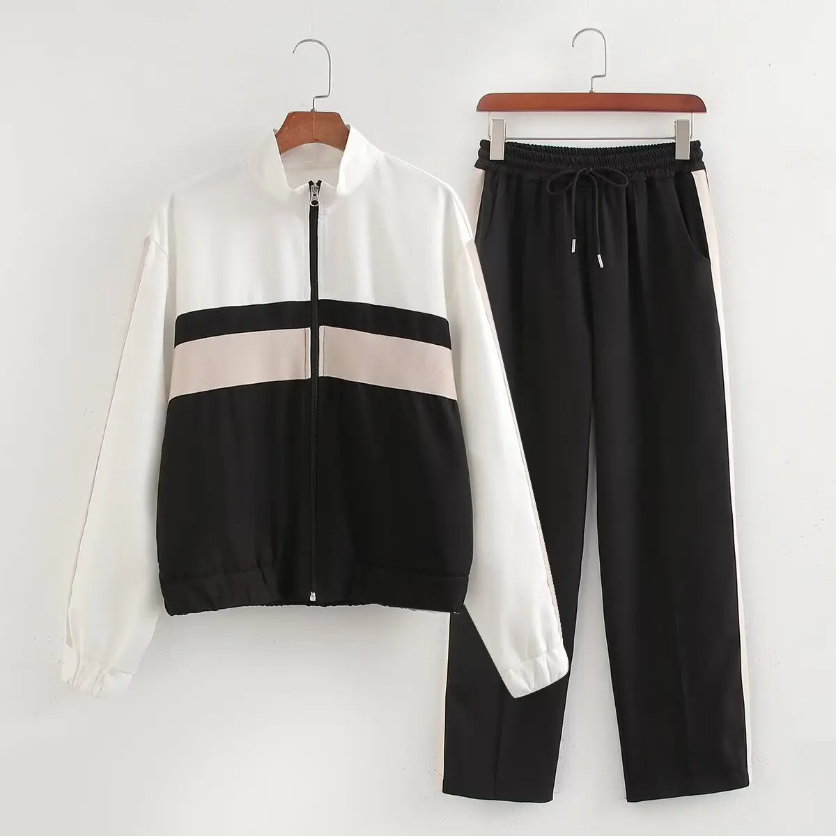 2024 Autumn Street Style Women's Suit Side Stripe Zipper Long Sleeve Bomber Jacket Tops + Elastic Waist Pants Two-piece Sets