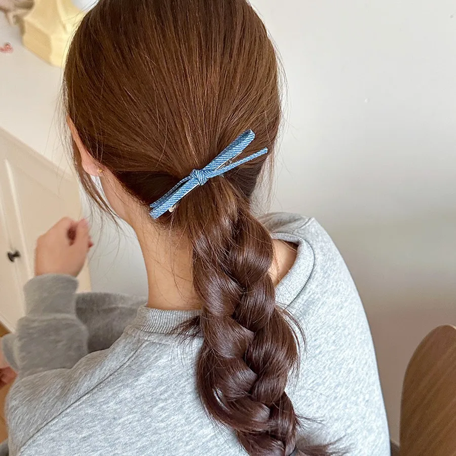 

Denim Blue French Bow Hair Clip Alligator Clip Premium Lightweight for Side Sweep Baby Hair Home Office Party
