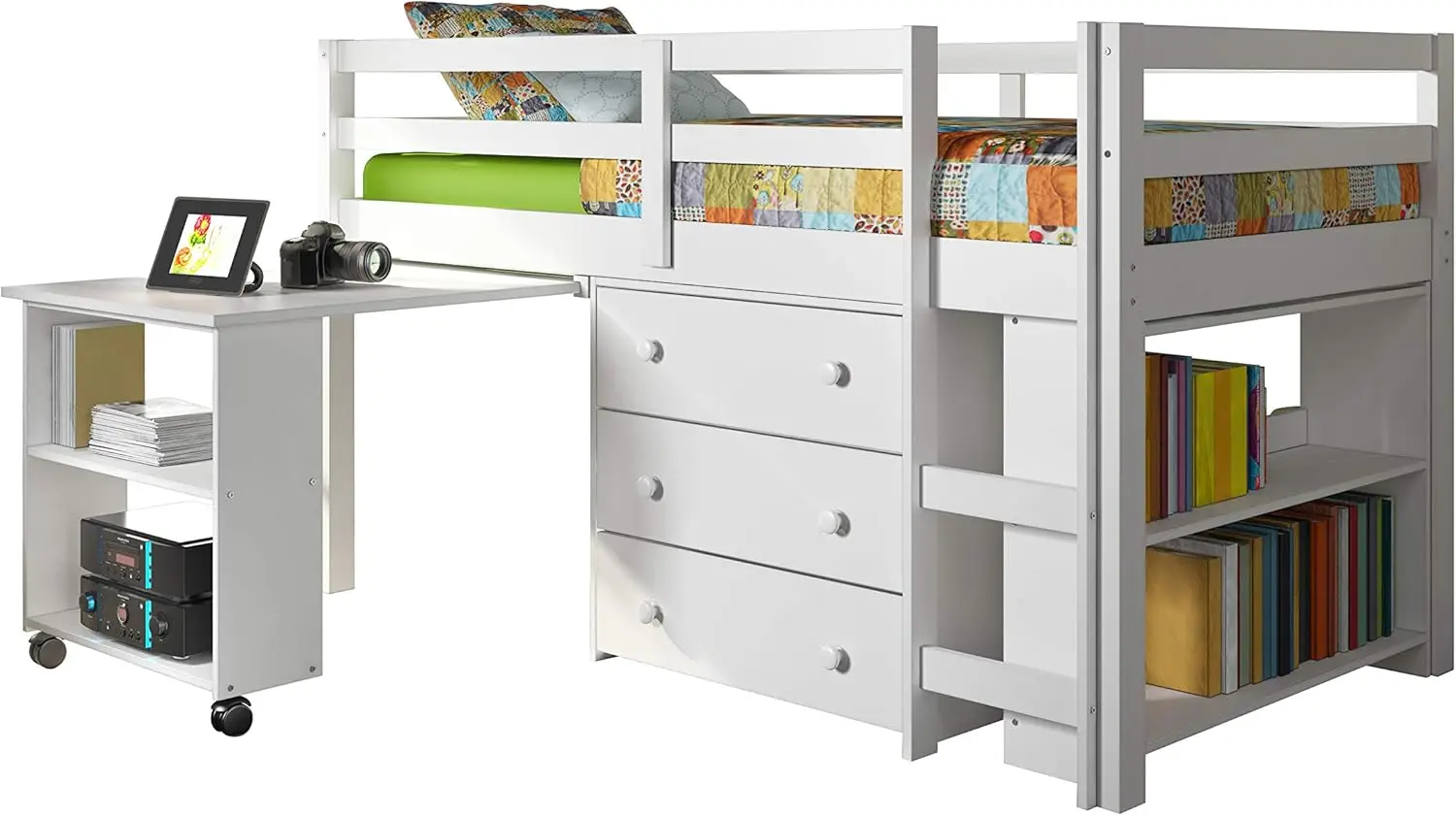 Study Modern Twin Low Loft Bed In White Finish