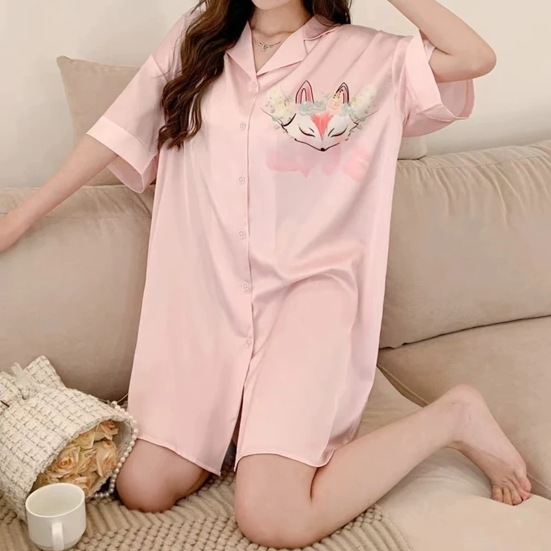 New Nightgowns Women Summer Spring Thin Sexy Fox Printing Nightshirts Sleepwear Homewear Cozy Nightdress Half Sleeves Pyjamas