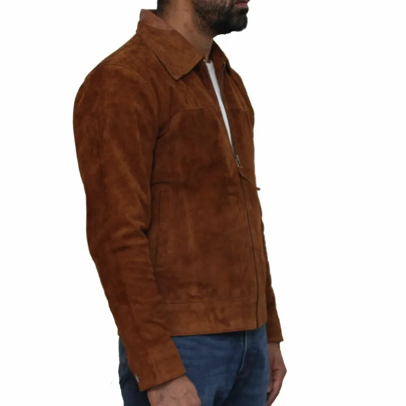 Men's Real Genuine Suede Leather Jacket Biker TAN Soft Winter Outwear Coat