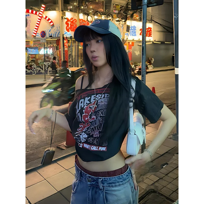 Европейский и американский стиль2025Популярная летняя женская одежда Новая уличная мода Горячая девушка с открытыми плечами и принтом A