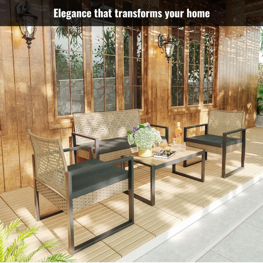 

4-piece outdoor terrace furniture set, outdoor conversation furniture with coffee table, armrests, and cushions