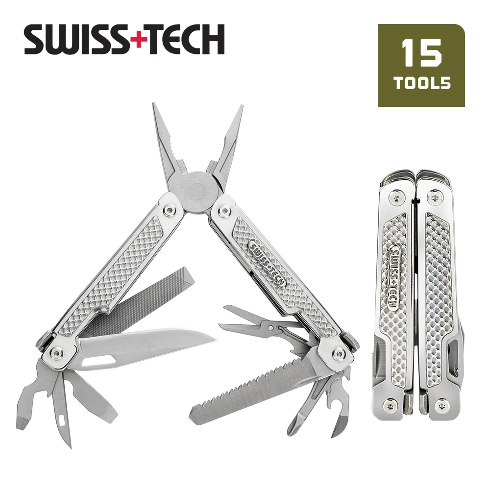 SWISS TECH 15 in 1 Multifunctional Folding Pliers Spring Assisted Scissors Pocket Knife EDC Multitool Outdoor Camping Supplies