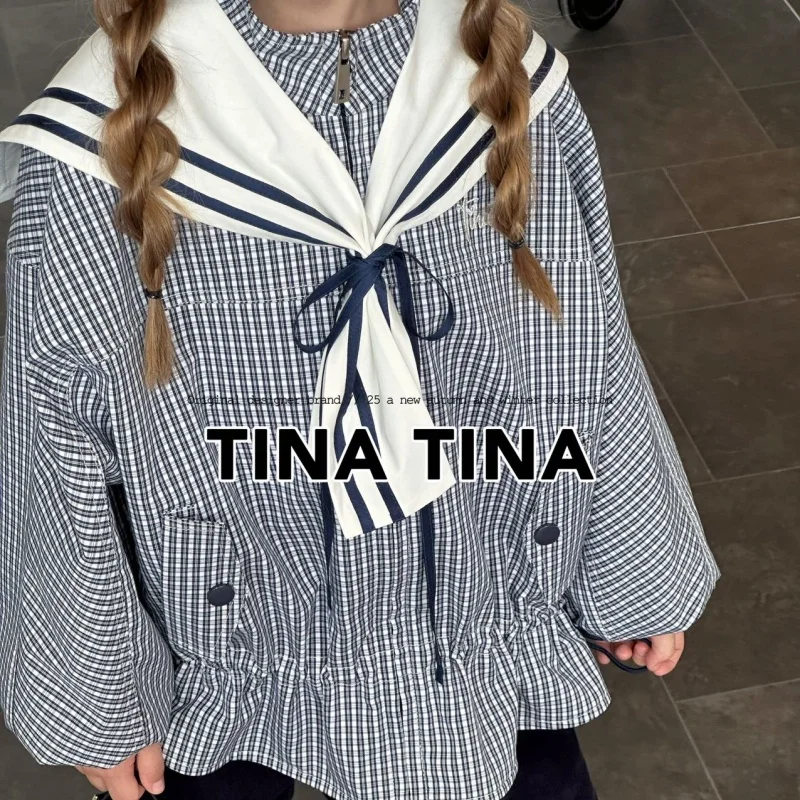 

Navy Style Checkered Blouse Girls Sailor Collar Plaid Shirt Spring Autumn Kids Long Sleeve Preppy Tops Children Clothing