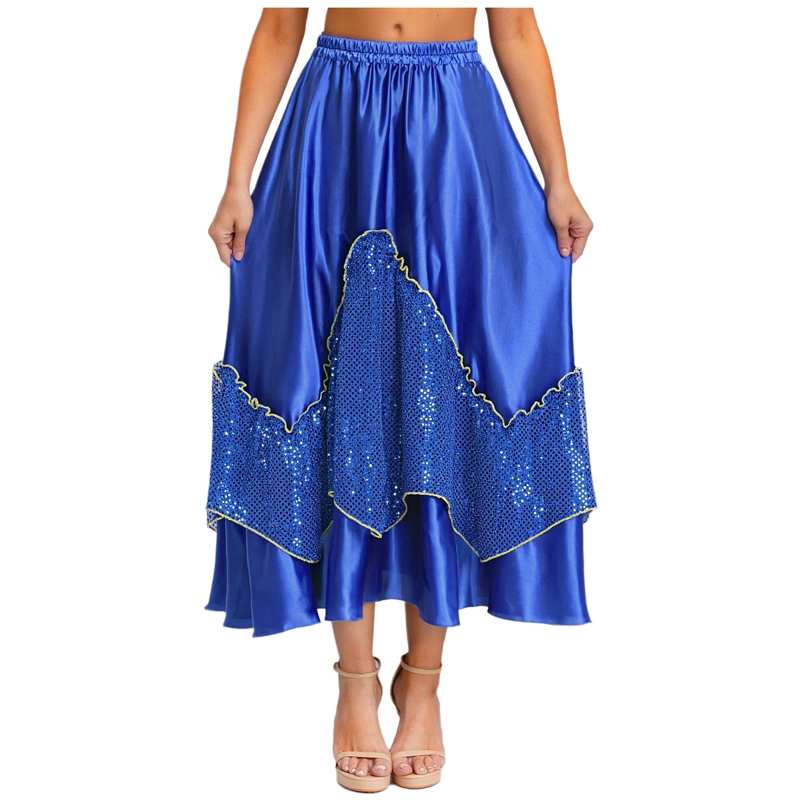 Falda grande de baile de toro español para mujer, falda satinada de retales de malla con lentejuelas brillantes para salón de baile Flamenco, Salsa, Tango