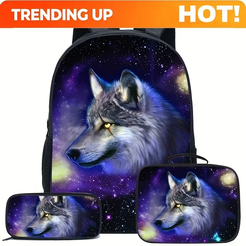 Custom Starry Wolf Print Large Black Backpack Set Durable Convertible Backpack With Multiple Compartments, Zipper Closure