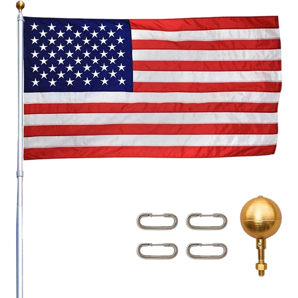 , 20ft Silver - Made in The USA Heavy Duty Flag Pole Kit, Anodized Aluminum Telescoping Flag Pole, 4 x 6 American Flag,