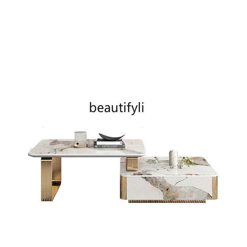 

A16 Light Luxury Stone Plate Living Room Home Designer Stainless Steel Telescopic Minimalist Coffee Table TV Cabinet Combination
