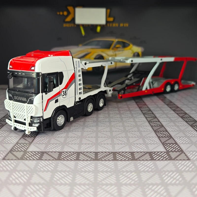 

1:50 simulation alloy sliding Scania double-layer transport vehicle painted version flat truck model car ornament gift