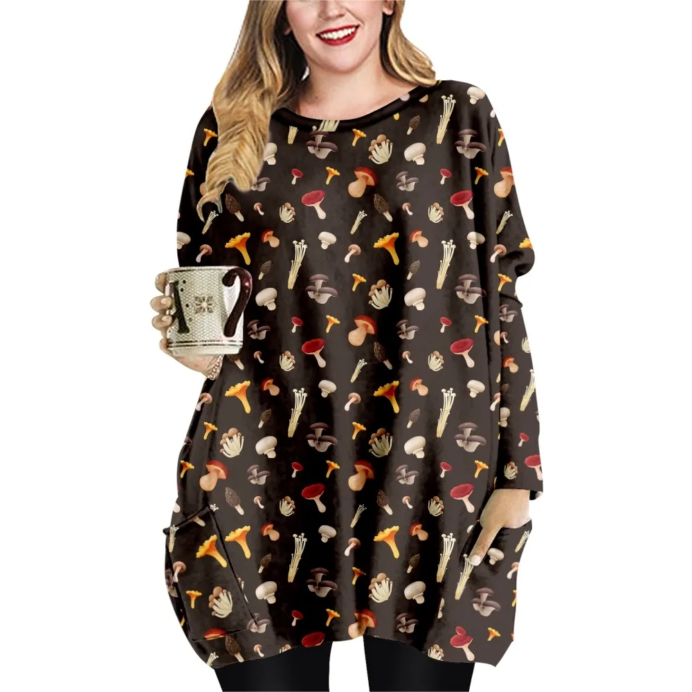 NEUE Pilz Druck Frühling Herbst Lose Beiläufige Stil Damen T-shirt Doppel Tasche Kleid Rundhals Langarm Kleid