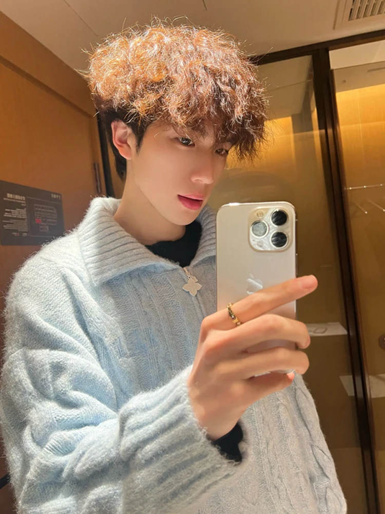 

Loose Fit Men's Blue Knitted Sweater Autumn Winter Faion Brand High End Feeling f Zip Casual Sle Outerwear