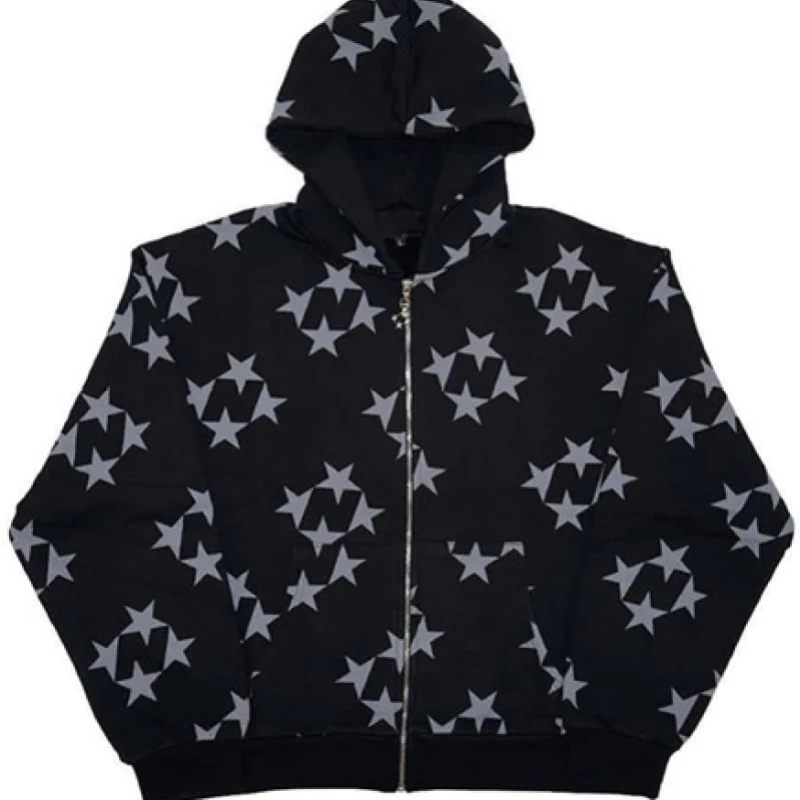 

2025 European and American autumn and winter star print hooded cardigan zipper loose men's and women's trendy hoodie jacket