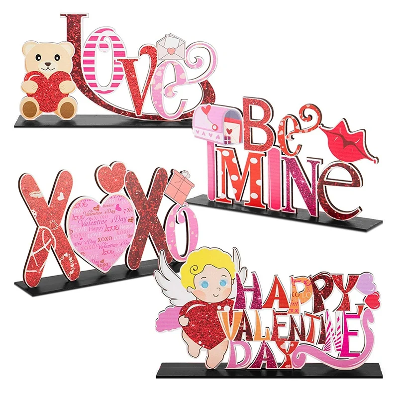 4Pcs Valentine's Day Wooden Tabletop Centerpiece Signs Letter Shaped Table Toppers Desktop Signs For Anniversary,Wedding