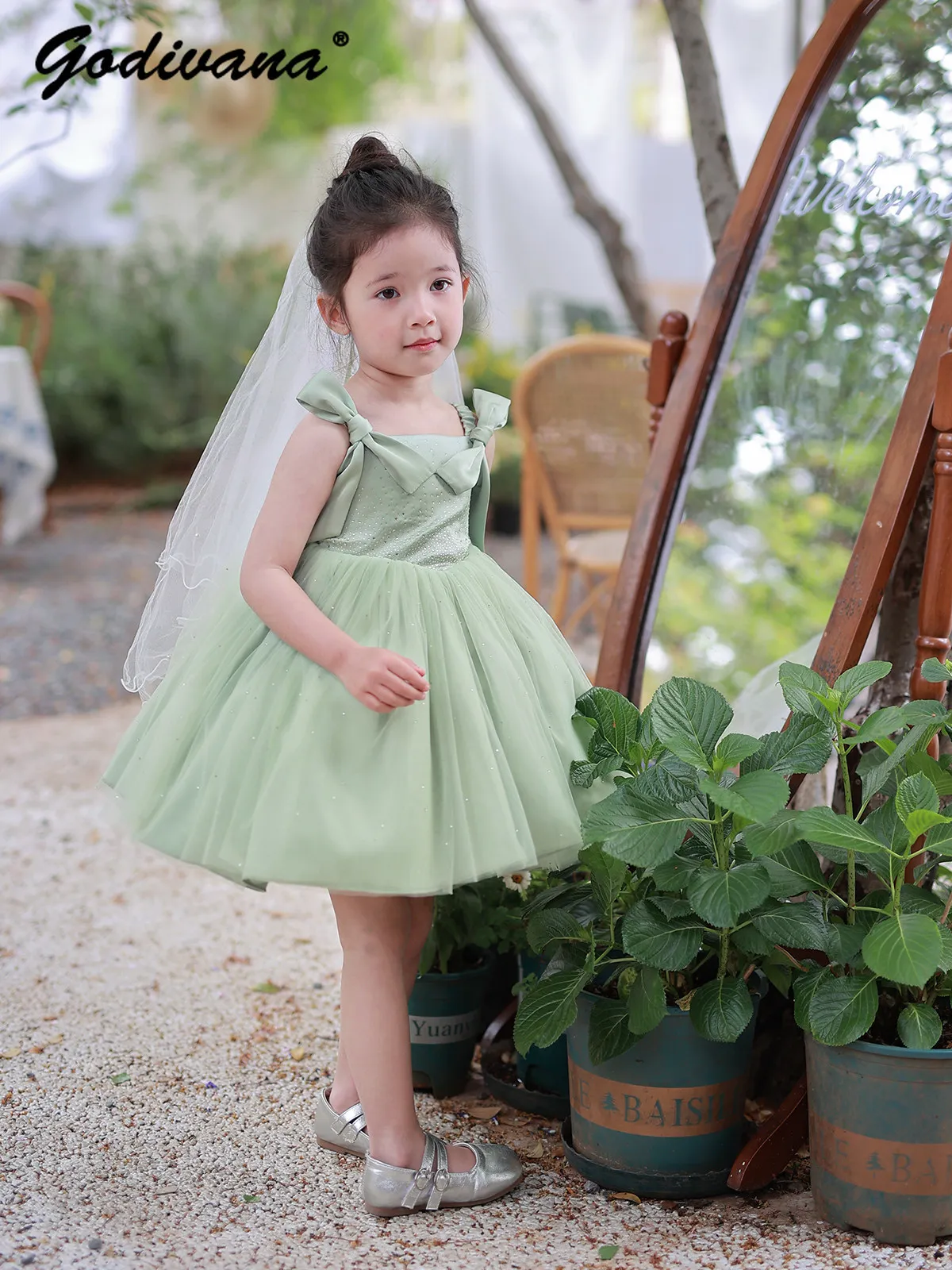 Original Baby Girls Pastorale Elegant Spaghetti Strap Dress Childrens 2026 Summer New Bow Sequin High Waist Mesh Princess Dress