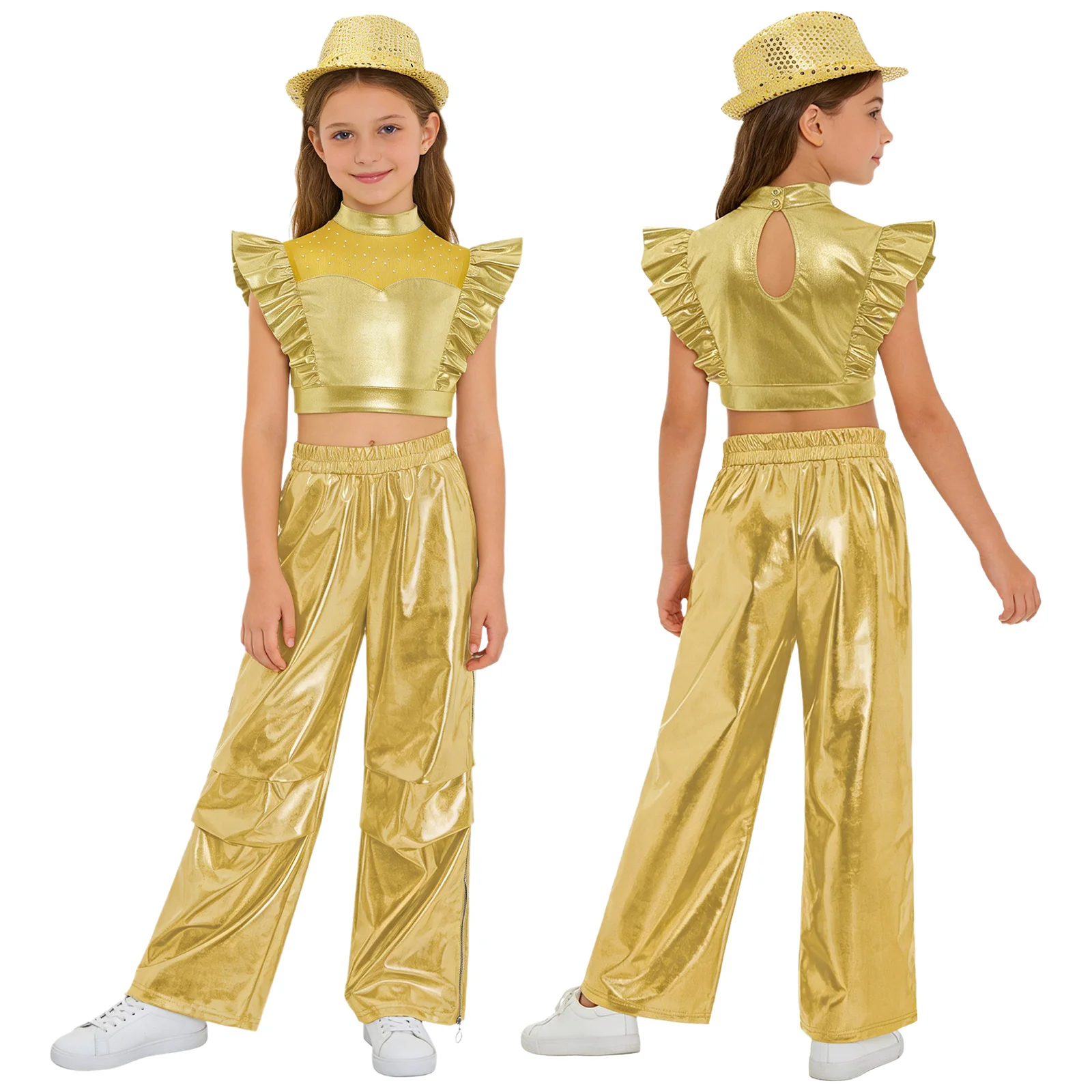 

Kids Girls Hip Hop Jazz Street Dance Outfit Rhinestone Mesh Crop Tank Top with Tear Away Zipper Loose Cargo Pants Sequins Hat