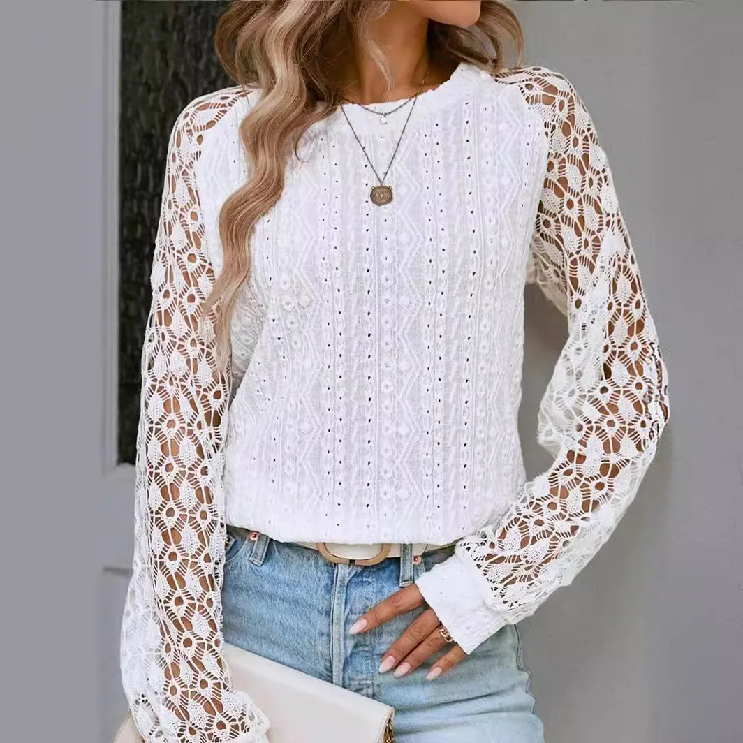 Blouse Women's White Long Sleeve Shirts 2025 Spring Autumn New  Lace Splicing Shirt For Women Ladies Tops Shirts Blouses Femmes