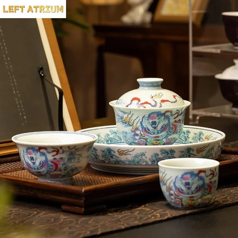 Jingdezhen Doucai Lion Awakening Gaiwan Chinese Retro Household High-end Ceramic Tea Bowl Kung Fu TeaSet Master Cup Pot Holder