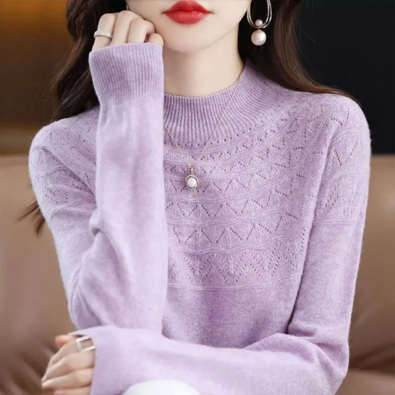 Women's New Half High Collar Hollow Out Loose Sweater Fashion Solid Color Long Sleeve Autumn Winter Pullover Knitted Bottom Tops