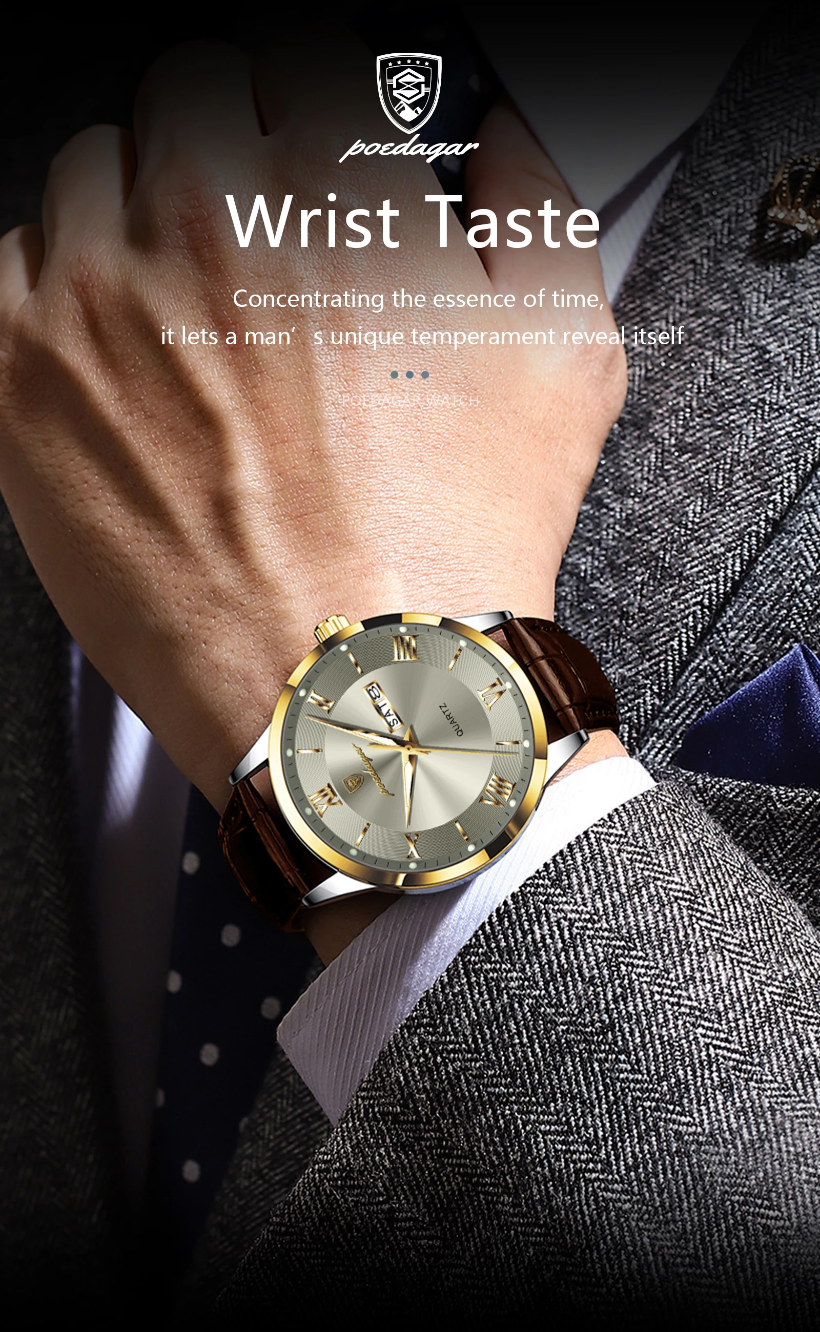 POEDAGAR Original Mode Uhr Für Mann Leder Datum Woche Quarz Männer Uhr Wasserdicht Leucht Business herren Uhren Männlich Reloj – Detail 13