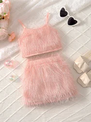 Two piece set of pink suspender top for girls with slim fitting skirt