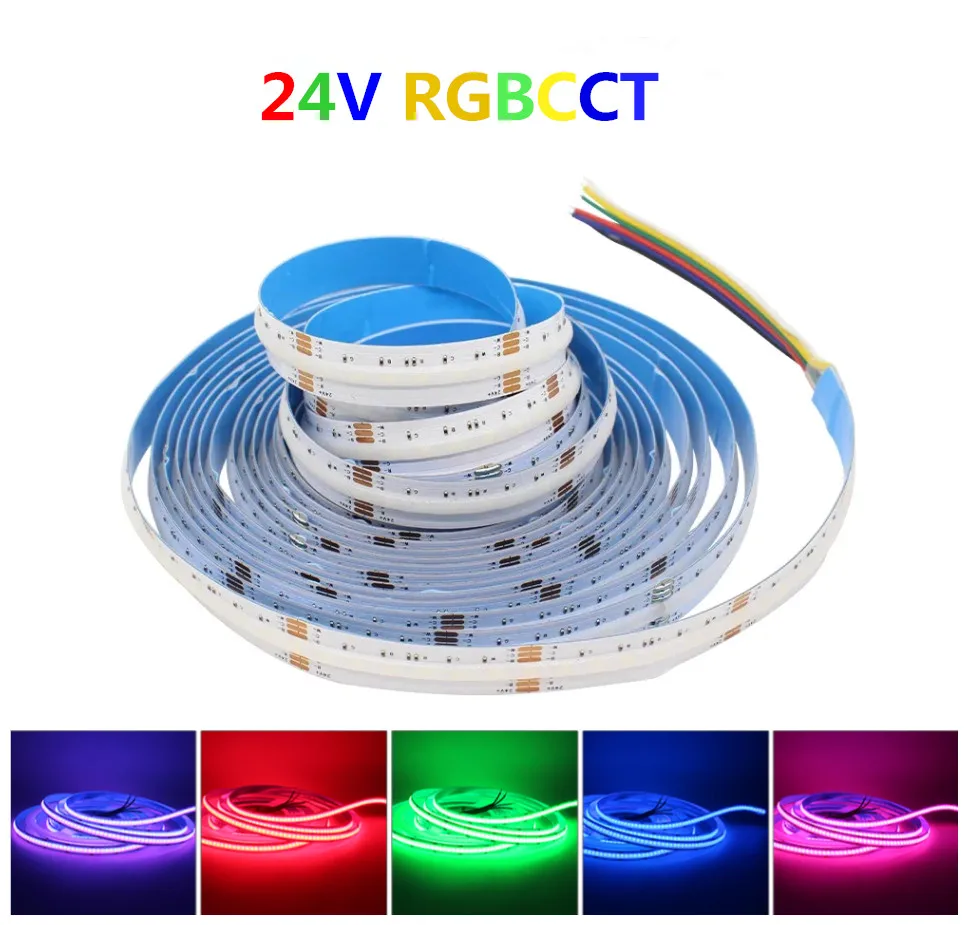 

DC 24 В 5 м COB RGBCCT Светодиодные ленты 840 светодиодов/м Высокая плотность с регулируемой яркостью Гибкая светодиодная лента RA90 FCOB RGB CCT