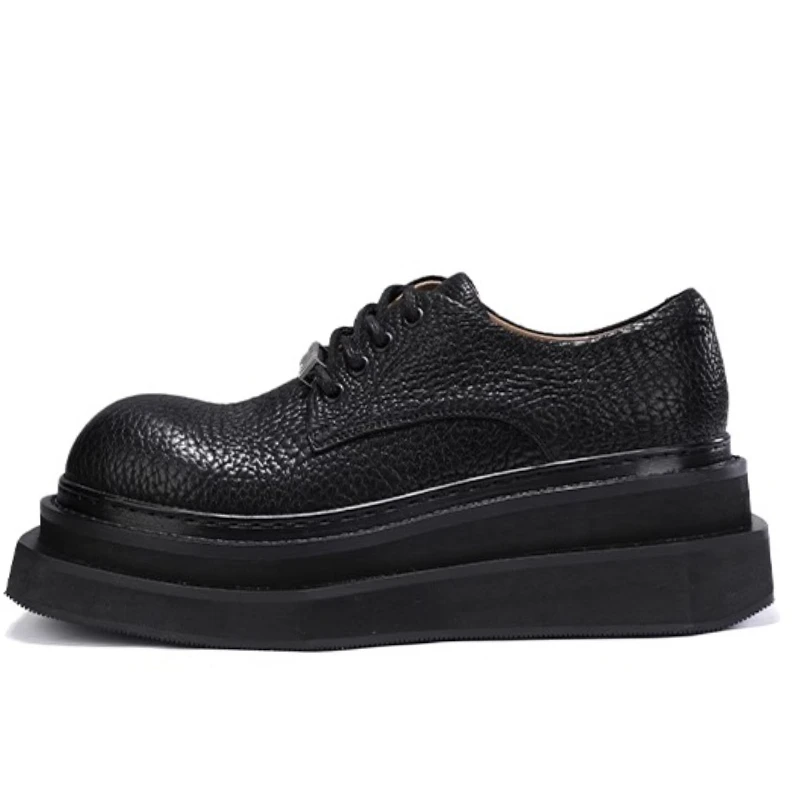 British Bison Leather Derby Shoes for Men's Dress Shoes Wide Version Design Wild Cowhide Casual Thick Platform Heightening Shoes